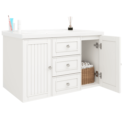 Móvel de casa de banho suspenso 78,5 x 46 x 46,8 cm - 3 gavetas, lavatório integrado - Branco