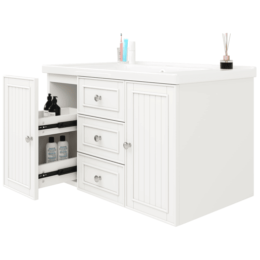 Móvel de casa de banho suspenso 78,5 x 46 x 46,8 cm - 3 gavetas, lavatório integrado - Branco