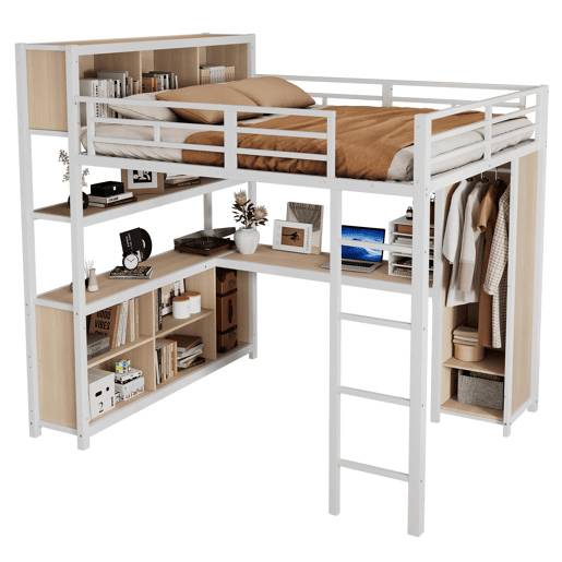 Cama loft 140x200 cm - Com arrumação debaixo da secretária e armário - Branco+Natural
