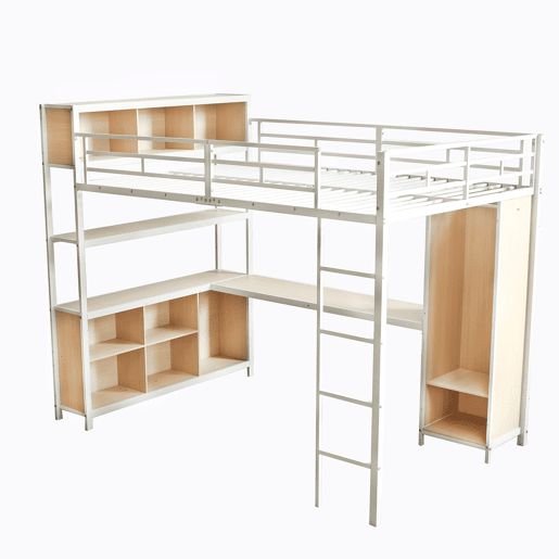 Cama loft 140x200 cm - Com arrumação debaixo da secretária e armário - Branco+Natural