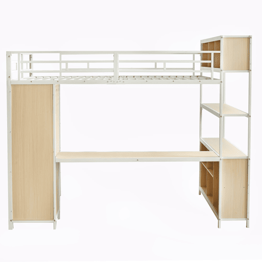 Cama loft 140x200 cm - Com arrumação debaixo da secretária e armário - Branco+Natural