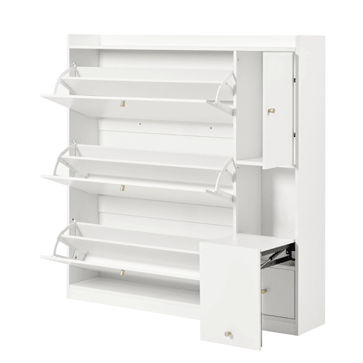 Sapateira inclinável 119x24x122 cm - 3 compartimentos, banco rebatível, branco