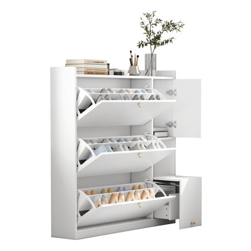 Sapateira inclinável 119x24x122 cm - 3 compartimentos, banco rebatível, branco