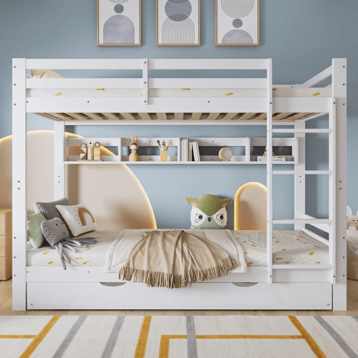 Beliche 90x200 cm - Cama extensível com rodas, prateleiras, estrutura estável - Branco