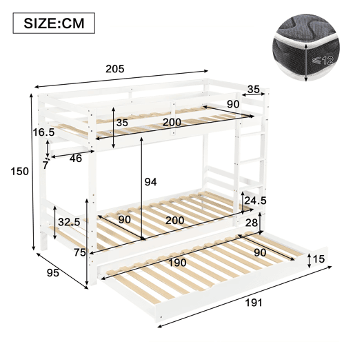 Beliche 90x200 cm - Cama extensível com rodas, prateleiras, estrutura estável - Branco