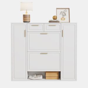 Sapateira moderna 120x24x107 cm - Prateleiras ajustáveis, 2 gavetas, portas e puxadores dourados - Branco
