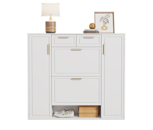 Zapatero moderno 120x24x107 cm - estantes ajustables, 2 cajones, puertas y asas doradas - blanco