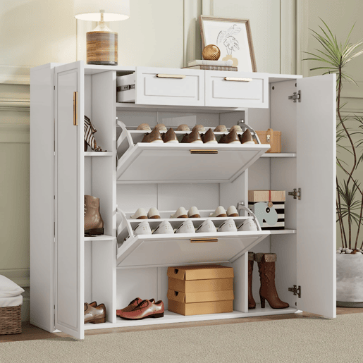 Sapateira moderna 120x24x107 cm - Prateleiras ajustáveis, 2 gavetas, portas e puxadores dourados - Branco