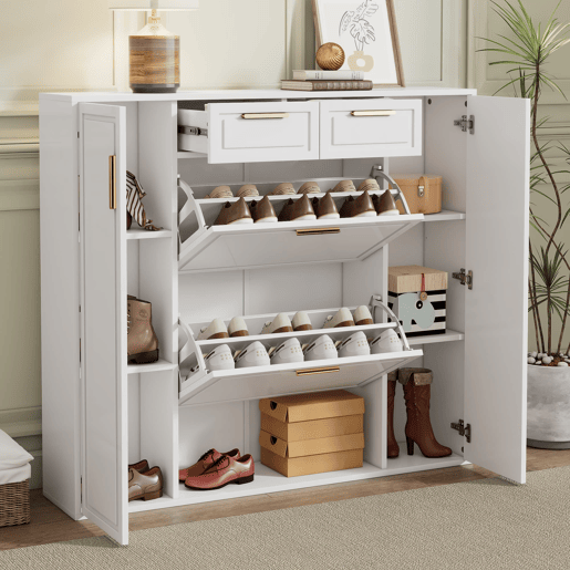 Sapateira moderna 120x24x107 cm - Prateleiras ajustáveis, 2 gavetas, portas e puxadores dourados - Branco
