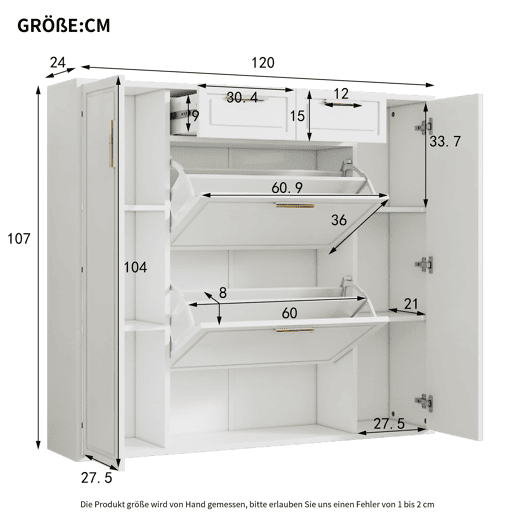 Sapateira moderna 120x24x107 cm - Prateleiras ajustáveis, 2 gavetas, portas e puxadores dourados - Branco