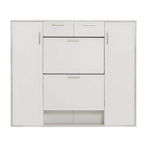 Sapateira moderna 120x24x107 cm - Prateleiras ajustáveis, 2 gavetas, portas e puxadores dourados - Branco