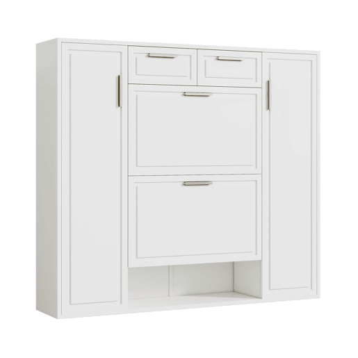 Sapateira moderna 120x24x107 cm - Prateleiras ajustáveis, 2 gavetas, portas e puxadores dourados - Branco