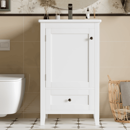Armário de casa de banho com pés 51x46x85 cm - Com lavatório, prateleira ajustável, gaveta silenciosa - Branco