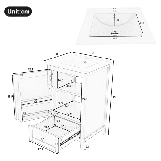Armário de casa de banho com pés 51x46x85 cm - Com lavatório, prateleira ajustável, gaveta silenciosa - Branco