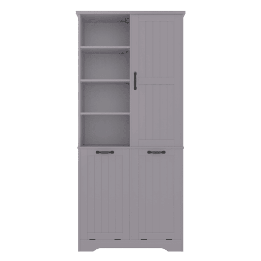 Móvel de casa de banho 78x35x172 cm - Cesto duplo para roupa, 4 compartimentos abertos, prateleiras ajustáveis - Cinza Móvel de casa de banho 78x35x172 cm - Cesto duplo para roupa, 4 compartimentos abertos, prateleiras ajustáveis - Cinza
