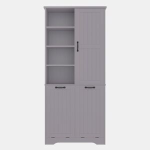 Móvel de casa de banho 78x35x172 cm - Cesto duplo para roupa, 4 compartimentos abertos, prateleiras ajustáveis - Cinza