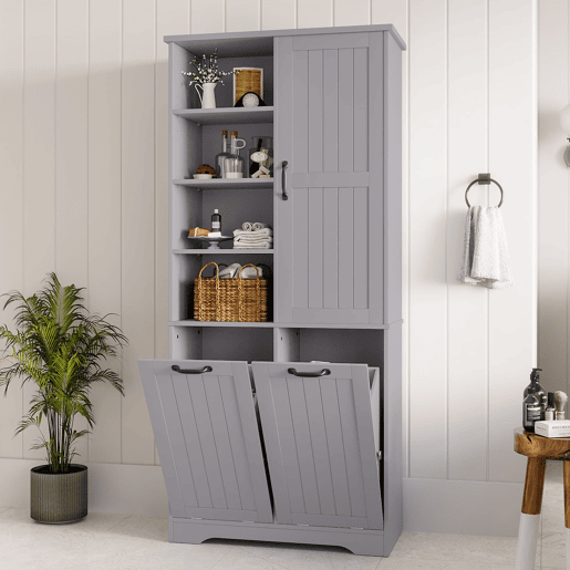 Móvel de casa de banho 78x35x172 cm - Cesto duplo para roupa, 4 compartimentos abertos, prateleiras ajustáveis - Cinza Móvel de casa de banho 78x35x172 cm - Cesto duplo para roupa, 4 compartimentos abertos, prateleiras ajustáveis - Cinza