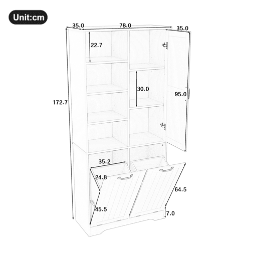 Móvel de casa de banho 78x35x172 cm - Cesto duplo para roupa, 4 compartimentos abertos, prateleiras ajustáveis - Cinza Móvel de casa de banho 78x35x172 cm - Cesto duplo para roupa, 4 compartimentos abertos, prateleiras ajustáveis - Cinza