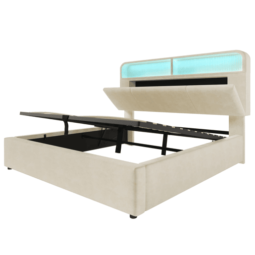 Cama estofada 140x200 cm - Cabeceira ajustável com arrumação, iluminação LED, USB, Samt Beige