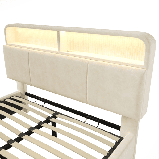 Cama estofada 140x200 cm - Cabeceira ajustável com arrumação, iluminação LED, USB, Samt Beige