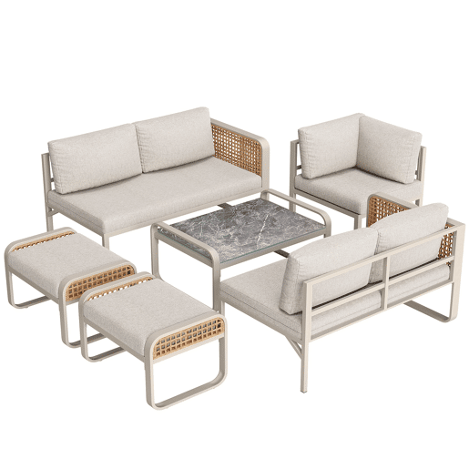 Conjunto de sala de estar para jardim para 6-7 pessoas - Sofá de canto com estrutura em ferro galvanizado, almofadas incluídas - Bege