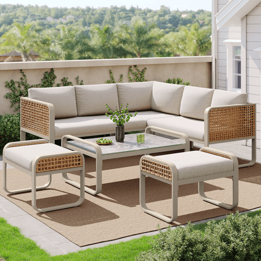 Conjunto de sala de estar para jardim para 6-7 pessoas - Sofá de canto com estrutura em ferro galvanizado, almofadas incluídas - Bege