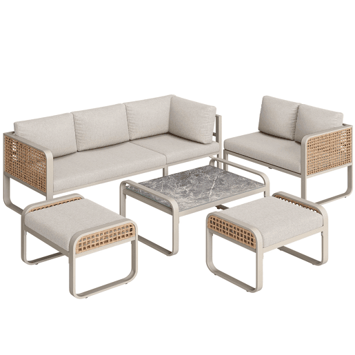 Conjunto de sala de estar para jardim para 6-7 pessoas - Sofá de canto com estrutura em ferro galvanizado, almofadas incluídas - Bege