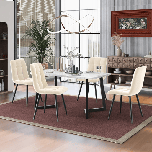 Conjunto de mesa de jantar 117 cm - Estilo moderno, 4 cadeiras bege aveludadas, pernas pretas