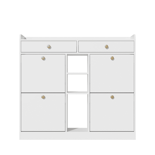 Armário para sapatos branco 110x26x100 cm - 4 portas, 2 gavetas, 3 compartimentos abertos