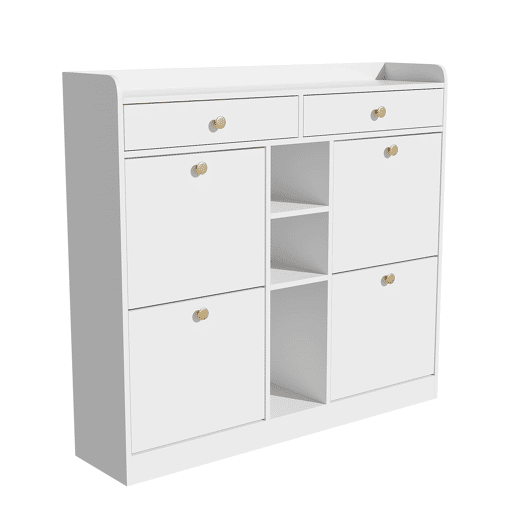 Armário para sapatos branco 110x26x100 cm - 4 portas, 2 gavetas, 3 compartimentos abertos