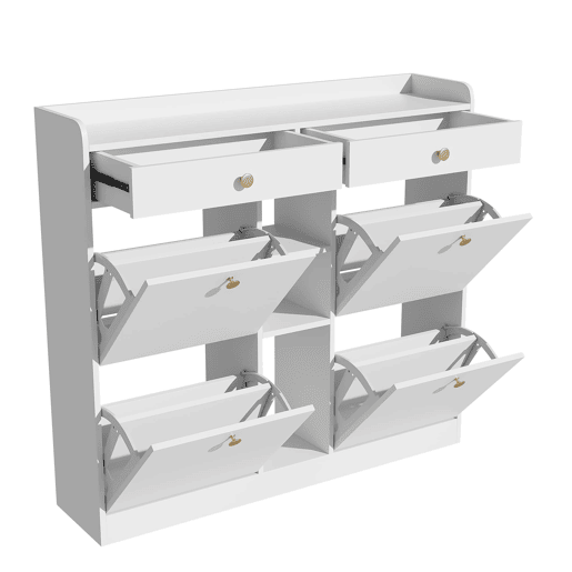 Armário para sapatos branco 110x26x100 cm - 4 portas, 2 gavetas, 3 compartimentos abertos