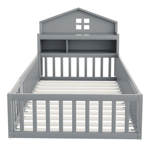 Cama infantil 90x200 - Estrutura em madeira maciça, com prateleiras, proteção e grade, cinza