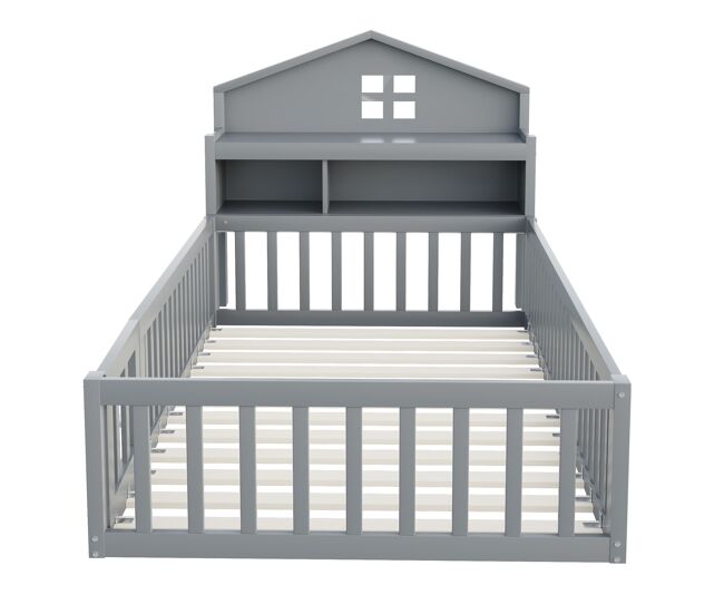 Cama infantil 90x200 - estructura de madera maciza, con estantes, protección y baranda, gris