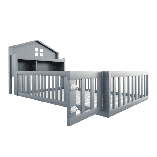 Cama infantil 90x200 - Estrutura em madeira maciça, com prateleiras, proteção e grade, cinza