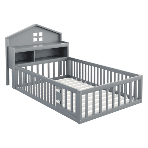 Cama infantil 90x200 - Estrutura em madeira maciça, com prateleiras, proteção e grade, cinza