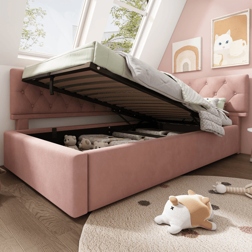 Cama Polsterbett 90x190 cm - Sofá-cama com arrumação hidráulica, estrutura em madeira, veludo, Rosa
