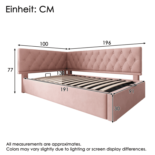Cama Polsterbett 90x190 cm - Sofá-cama com arrumação hidráulica, estrutura em madeira, veludo, Rosa