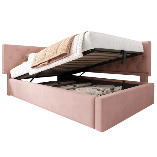 Cama Polsterbett 90x190 cm - Sofá-cama com arrumação hidráulica, estrutura em madeira, veludo, Rosa