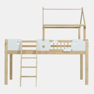 Cama alta 90x200cm - Com proteção contra quedas, design de teto, escada de 3 degraus - Branco + Natural
