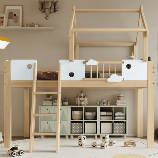 Cama alta 90x200cm - Com proteção contra quedas, design de teto, escada de 3 degraus - Branco + Natural