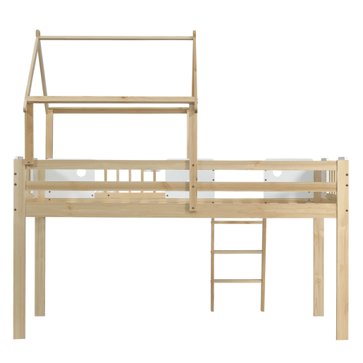 Cama alta 90x200cm - Com proteção contra quedas, design de teto, escada de 3 degraus - Branco + Natural