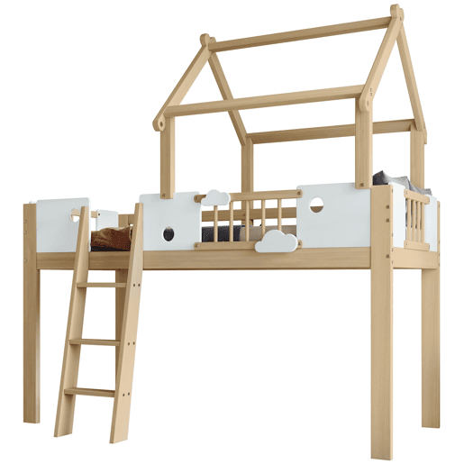 Cama alta 90x200cm - Com proteção contra quedas, design de teto, escada de 3 degraus - Branco + Natural