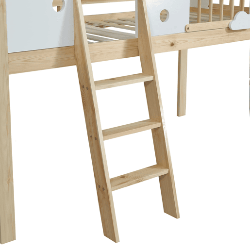 Cama alta 90x200cm - Com proteção contra quedas, design de teto, escada de 3 degraus - Branco + Natural