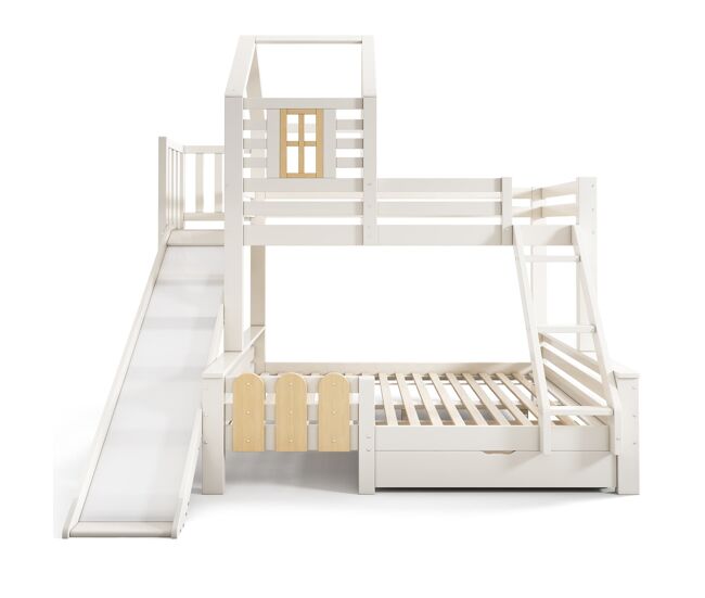 Cama litera 90x200 & 140x200 cm - casa con cajón, tobogán y escalera - diseño de cabaña