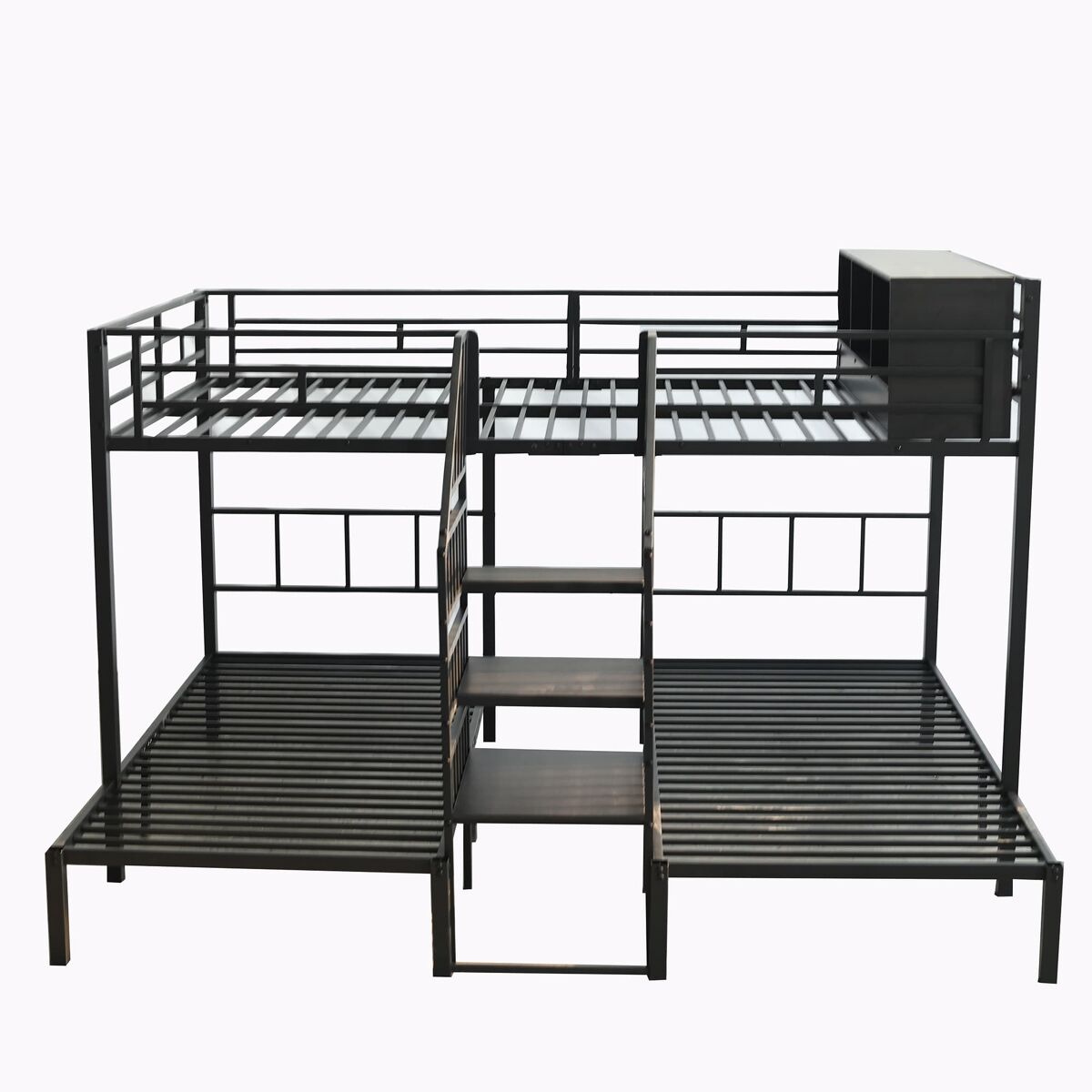 Cama litera de hierro 90x200cm & 140x200cm - 3 plazas, escalera con barandillas, estructura estable, color negro