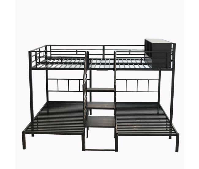 Cama litera de hierro 90x200cm & 140x200cm - 3 plazas, escalera con barandillas, estructura estable, color negro