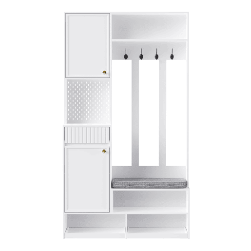 Conjunto de guarda-roupa 100x180x35 cm - Guarda-roupa com assento, 4 ganchos, portas e gavetas - Branco