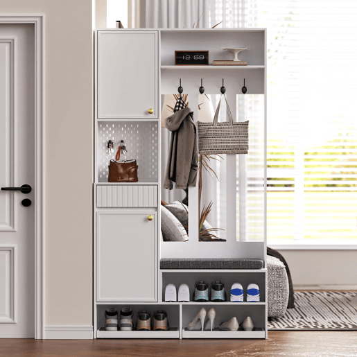 Conjunto de guarda-roupa 100x180x35 cm - Guarda-roupa com assento, 4 ganchos, portas e gavetas - Branco