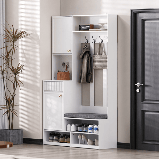 Conjunto de guarda-roupa 100x180x35 cm - Guarda-roupa com assento, 4 ganchos, portas e gavetas - Branco