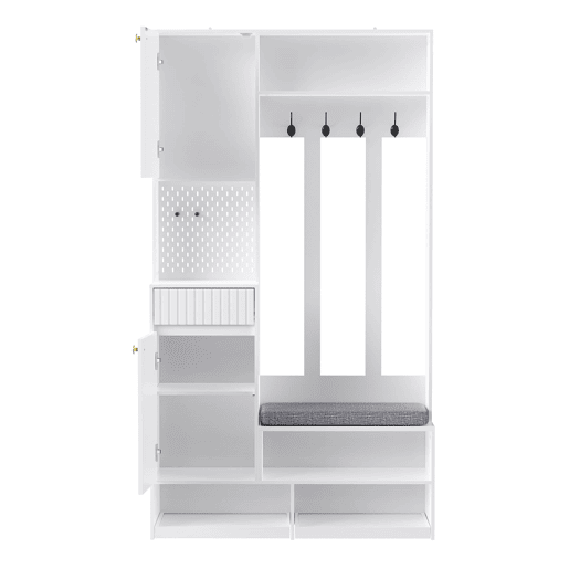 Conjunto de guarda-roupa 100x180x35 cm - Guarda-roupa com assento, 4 ganchos, portas e gavetas - Branco